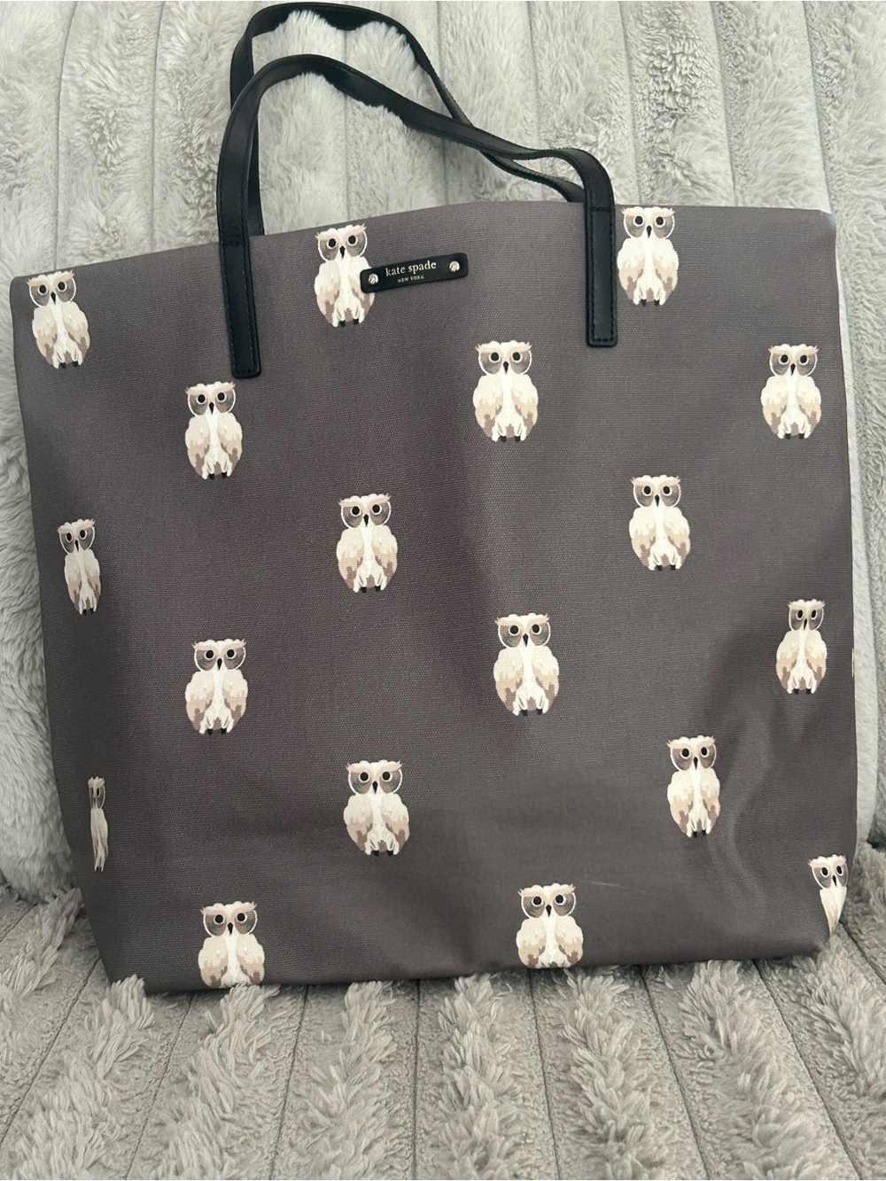 Kate Spade New York Owl Print Canvas Tote Bag Gray RARE